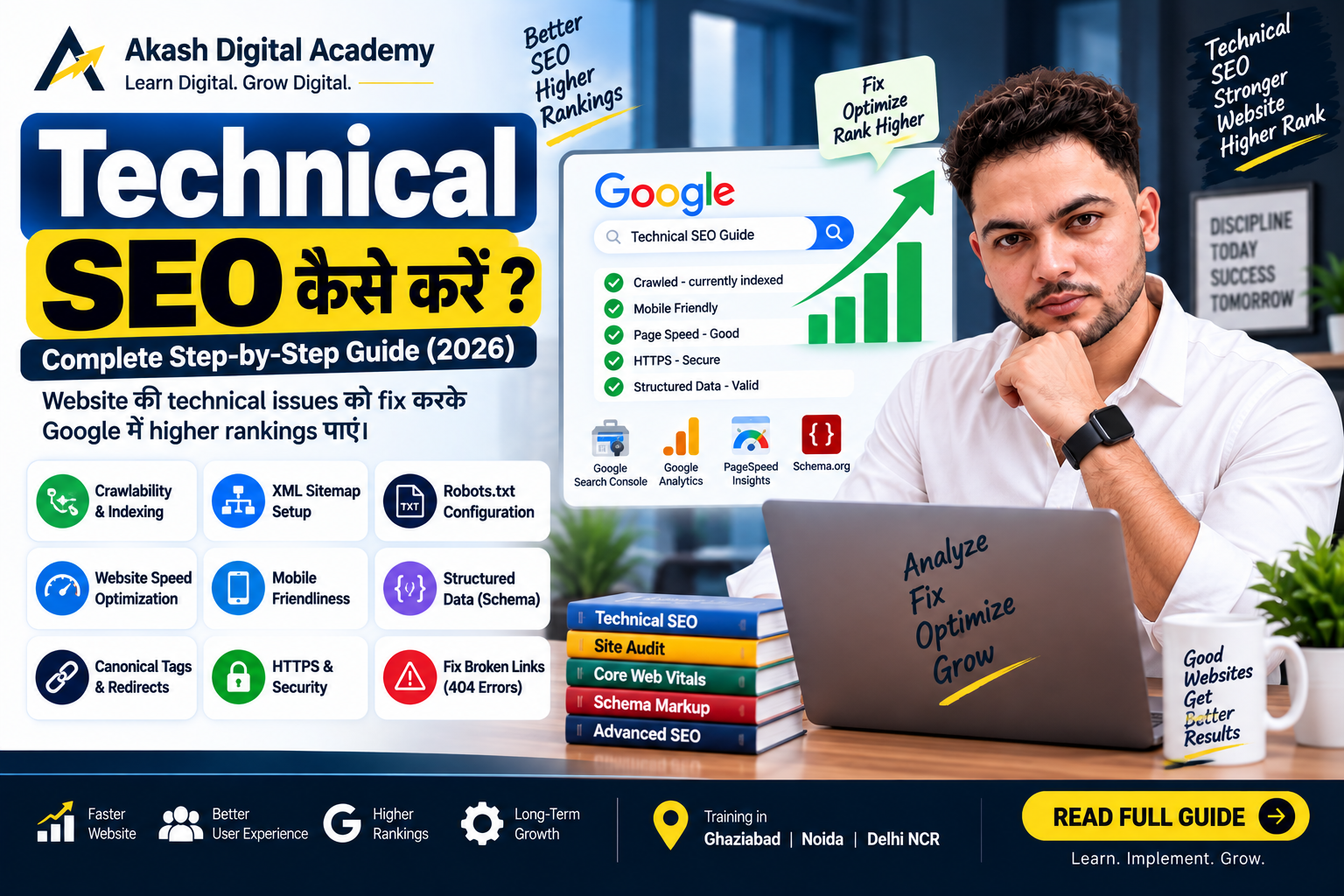 Technical SEO Kaise Kare complete guide showing Technical SEO, website ranking, crawlability, sitemap, robots.txt, speed, mobile SEO and schema